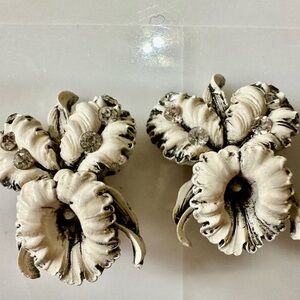Vintage 1930s Carved Celluloid Rhinestone White Orchid Iris Lily Flower Earrings